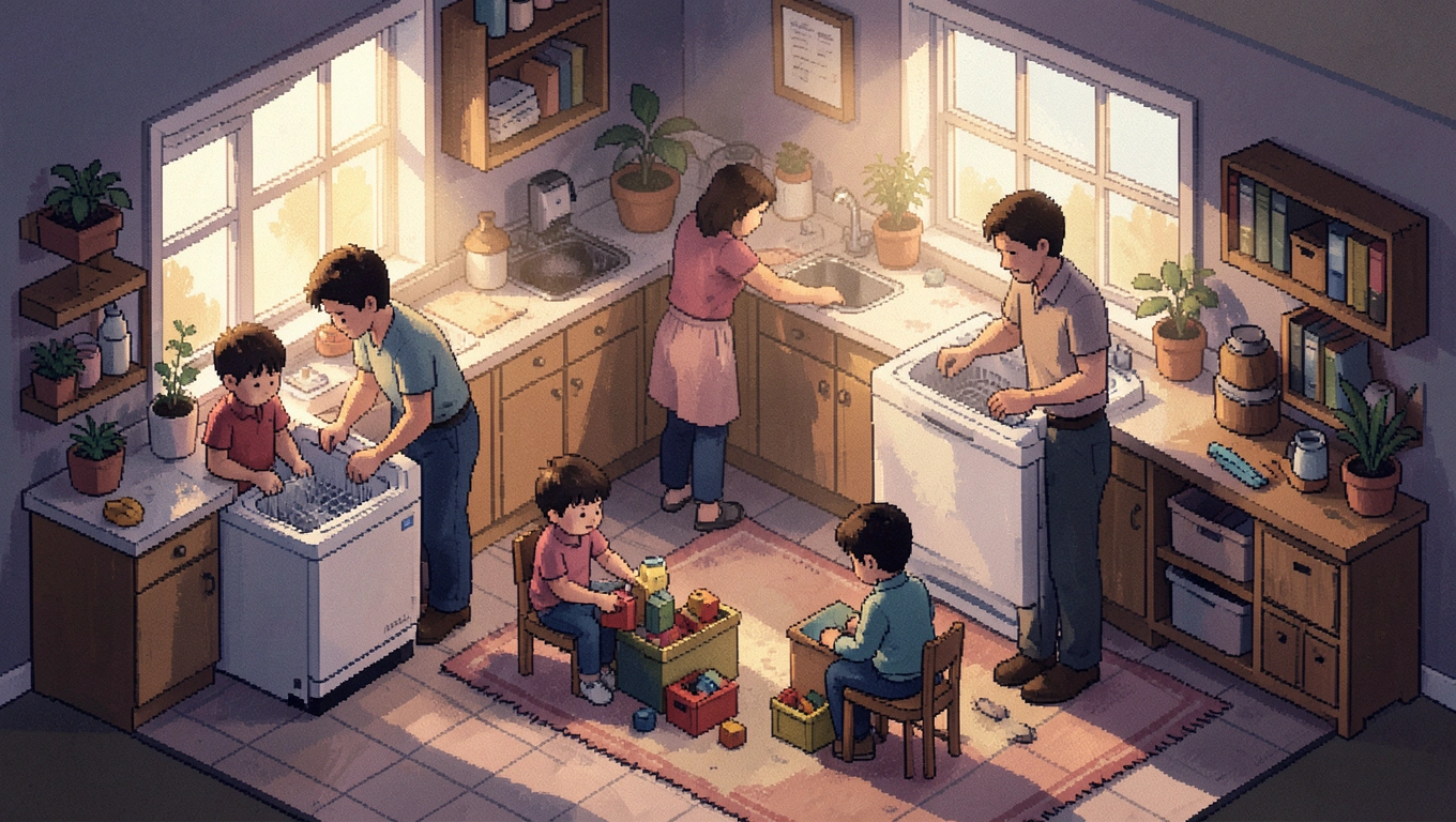 Pixel-art scene: How Families Split Chores Without the Weekly Argument