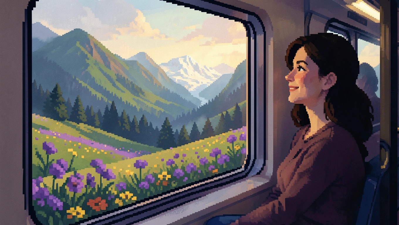 Scenic train winding through mountain landscape with panoramic windows